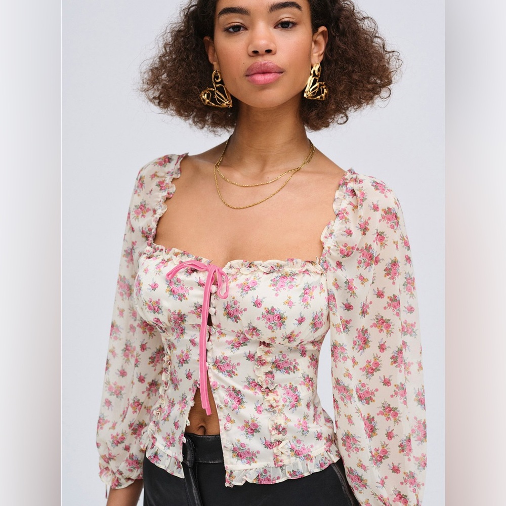 NWT (S) For Love & Lemons Etienne Fitted Blouse, White & Pink Square Neck Satin